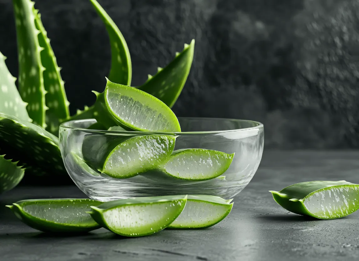 Fresh aloe vera leaves and sliced aloe in a glass bowl on a dark stone surface