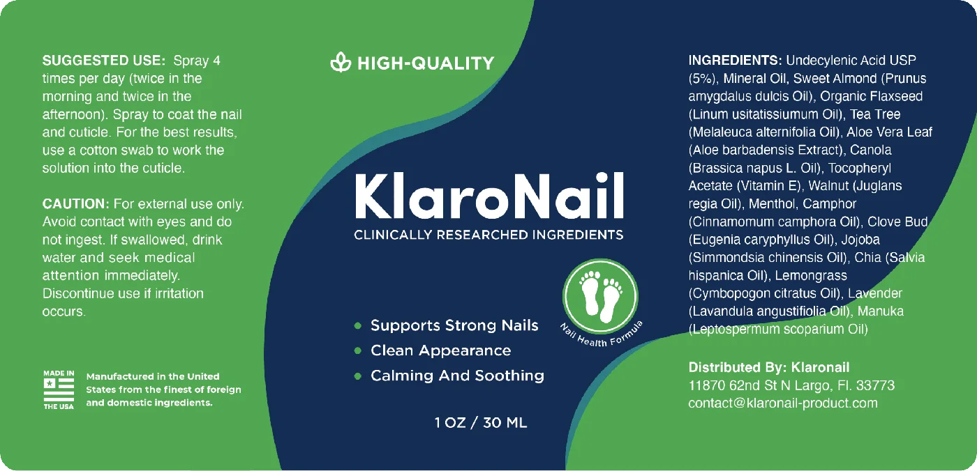 The printed KlaroNail bottle label: suggested use, caution, the full 17-item ingredient list and the distributor address