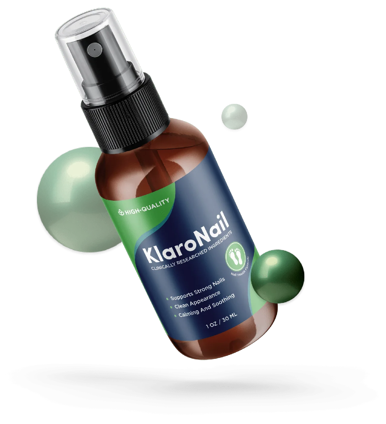 KlaroNail nail and cuticle spray, a 1 OZ amber pump bottle with a green and navy label